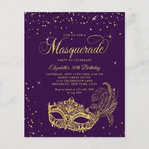 BUDGET Violet Gold Glitter Masquerade Birthday
