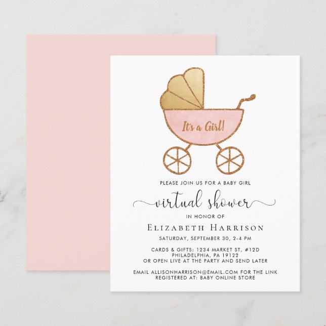 Budget Virtual Baby Girl Shower Invitation (Front/Back)