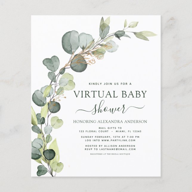 Budget Virtual Baby Shower Greenery Eucalyptus Flyer (Front)