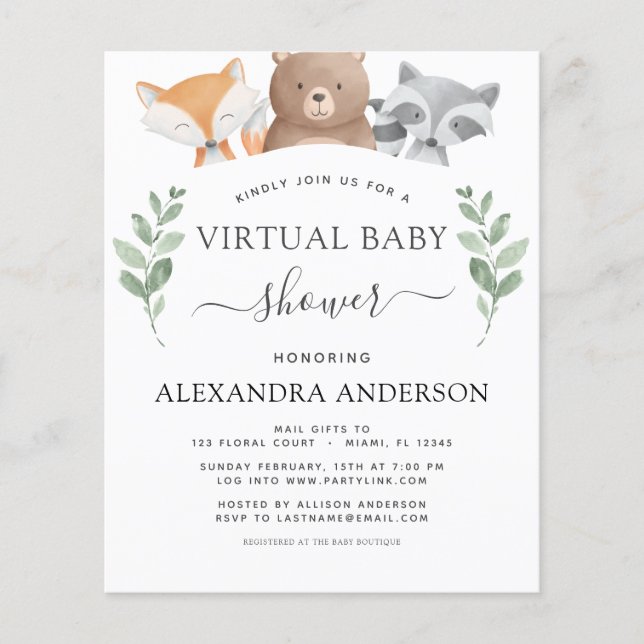 Budget Virtual Baby Shower Woodland Eucalyptus Flyer (Front)