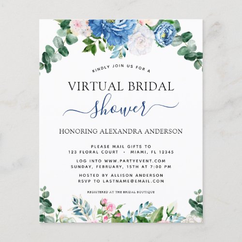 Budget Virtual Bridal Shower Eucalyptus Blue Pink Flyer