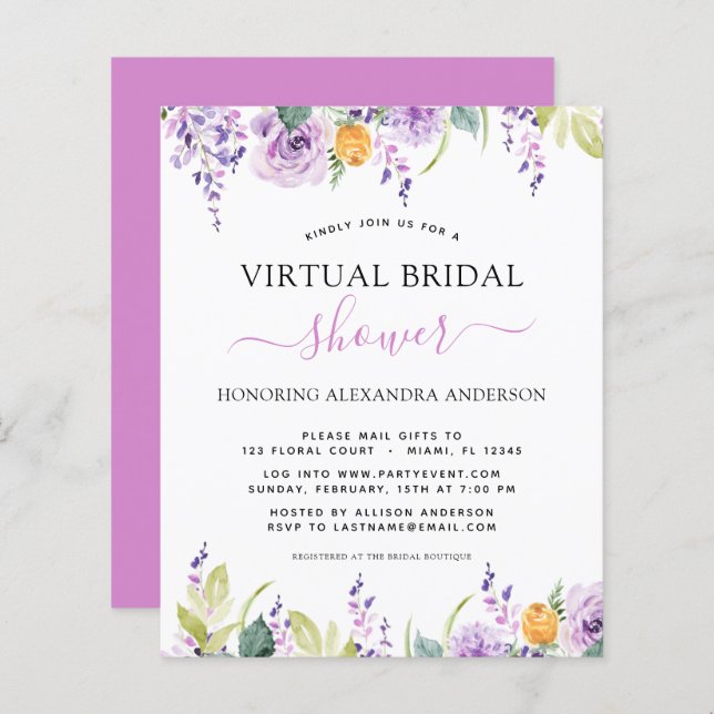 Budget Virtual Bridal Shower Purple Greenery (Front/Back)