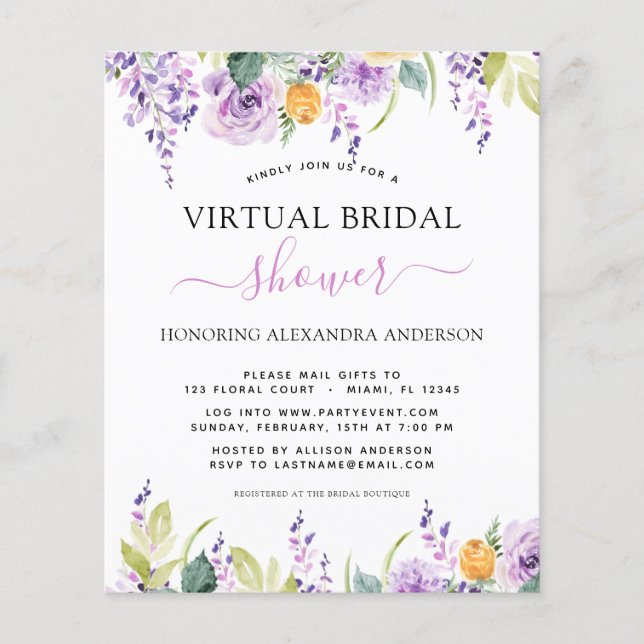 Budget Virtual Bridal Shower Purple Greenery Flyer (Front)