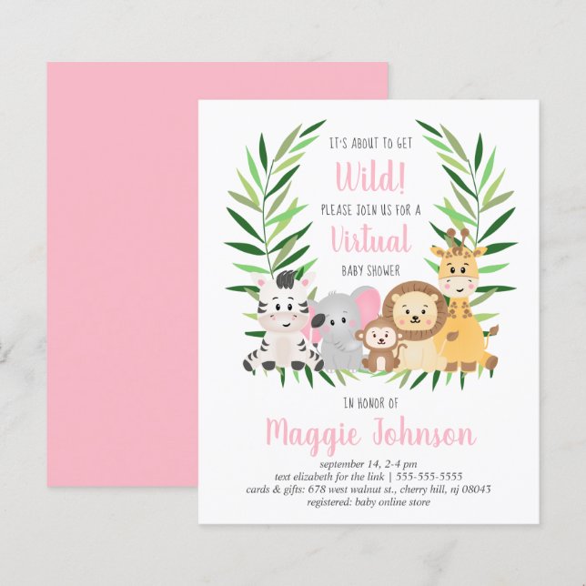 Budget Virtual Safari Pink Baby Shower Invitation (Front/Back)