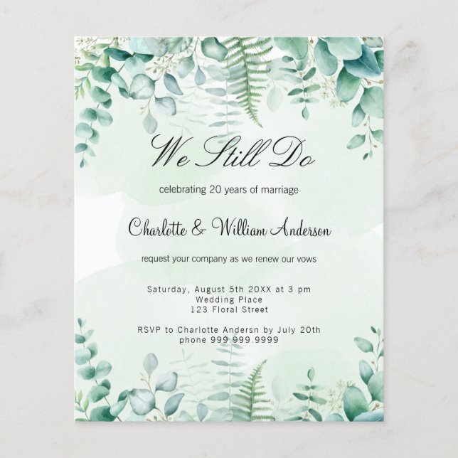 Budget vow renewal eucalyptus greenery invitation (Front)