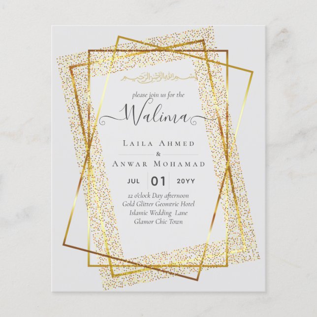 Budget Walima Muslim Wedding Gold Frame Invite Flyer (Front)