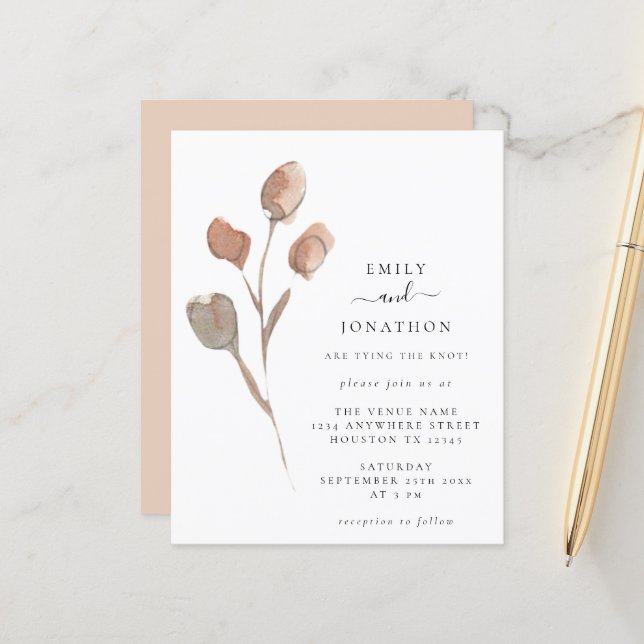 Budget Watercolor Artsy Leaf Wedding Invite (Front/Back In Situ)