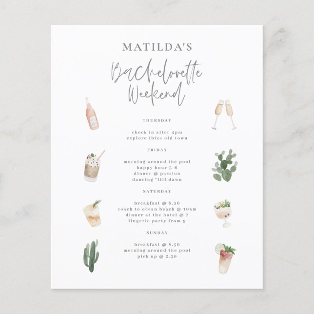 budget Watercolor bachelorette weekend itinerary (Front)
