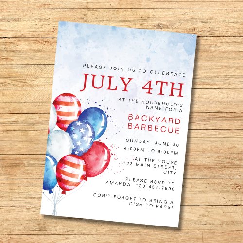Budget Watercolor Balloons Fourth of July Party Invitation