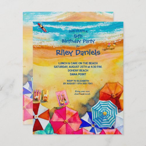 Budget Watercolor Beach Birthday Party Invitations