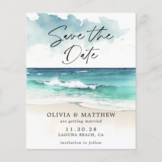 Budget Watercolor Beach Save the Date Announcement Flyer (Front)