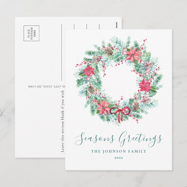 Budget Watercolor Berries & Greenery Wreath Holiday Postcard (Front/Back)