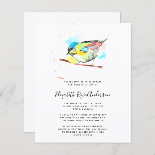 BUDGET Watercolor Bird Funeral Invitation