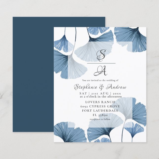 Budget Watercolor Blue Foliage  Wedding Invitation (Front/Back)