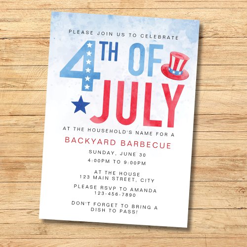 Budget Watercolor Blue Fourth of July Party Invitation