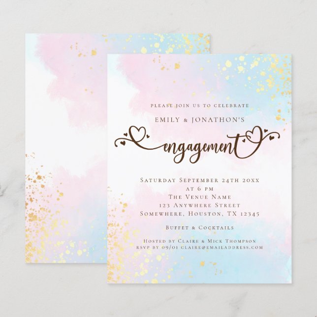 Budget Watercolor Blue Pink Heart Engagement (Front/Back)