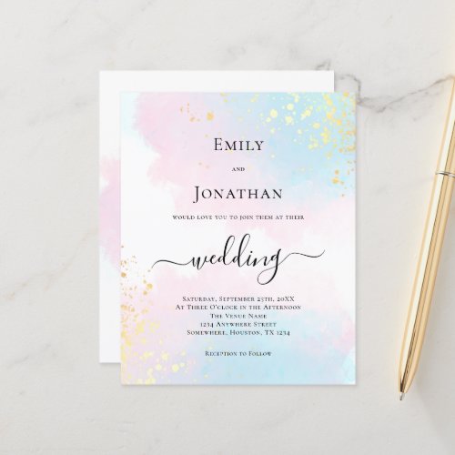 Budget Watercolor Blue Pink Wedding Invitation