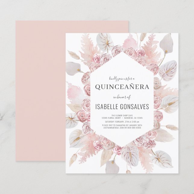Budget Watercolor Boho QUINCEAÑERA Invitation (Front/Back)