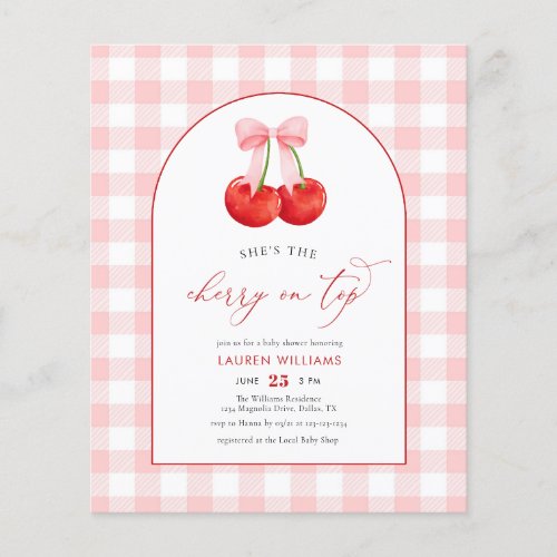 BUDGET Watercolor Cherry on Top Baby Girl Shower Flyer