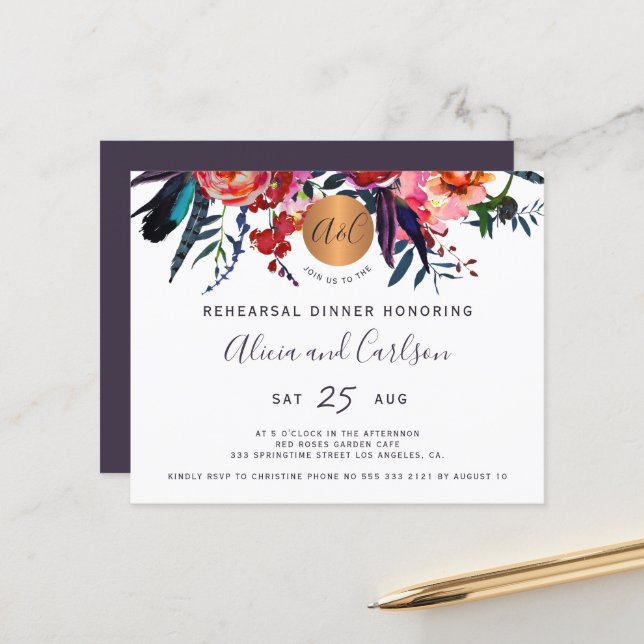Budget watercolor chic rehearsal dinner invitation (Front/Back In Situ)