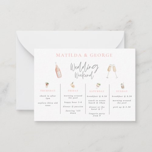 budget watercolor drink wedding weekend itinerary  note card