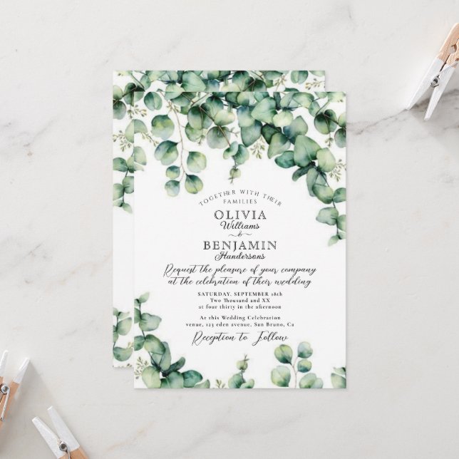 Budget Watercolor eucalyptus Greenery Wedding Invitation (Front/Back In Situ)