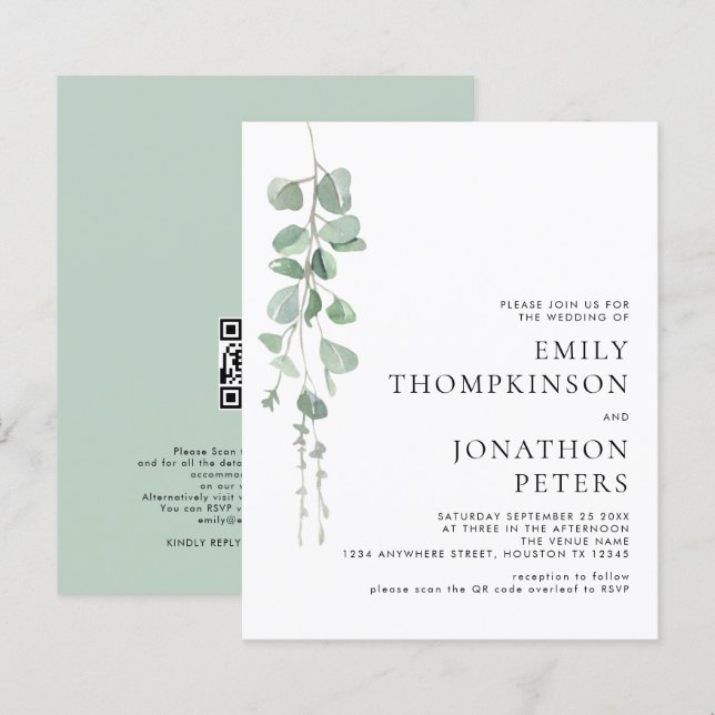 Budget Watercolor Eucalyptus Wedding Invitation (Front/Back)