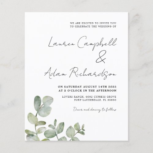 Budget Watercolor Eucalyptus Wedding Invitation