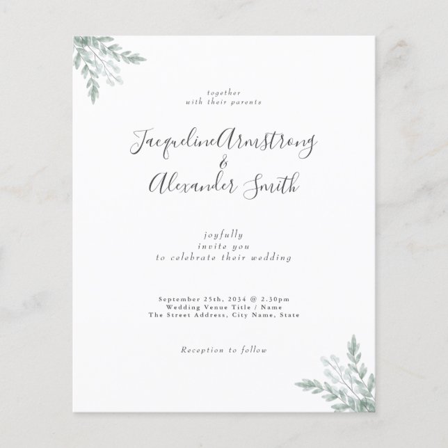 Budget Watercolor Eucalyptus Wedding Invitation Flyer (Front)