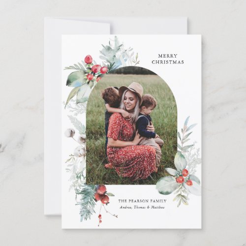 Budget Watercolor Floral Arch Photo Christmas  Holiday Card