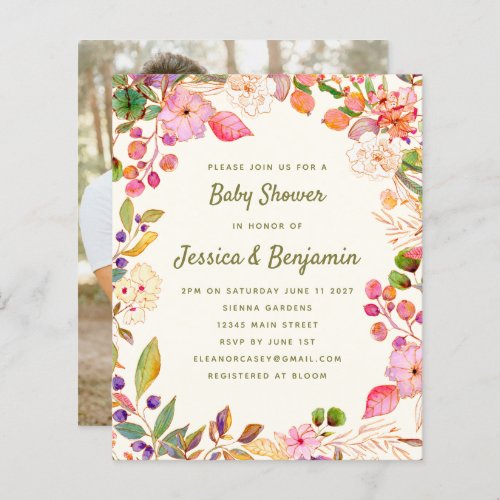 Budget Watercolor Floral Baby Shower Photo Invite