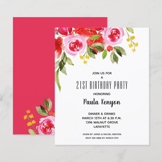 Budget Watercolor Floral Birthday Invitations (Front/Back)