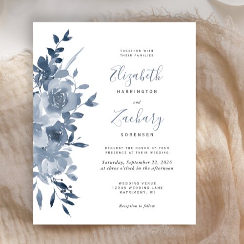 Budget Watercolor Floral Dusty Blue Wedding Invite