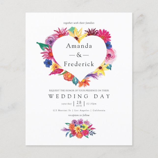 Budget Watercolor Floral Fiesta Wedding Invitation Flyer (Front)