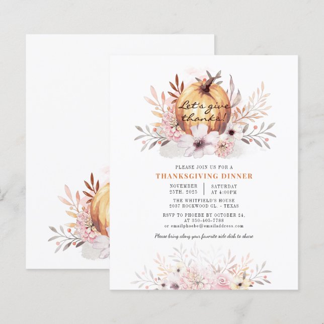 Budget Watercolor Floral Pumpkin Thanksgiving Card (Front/Back)