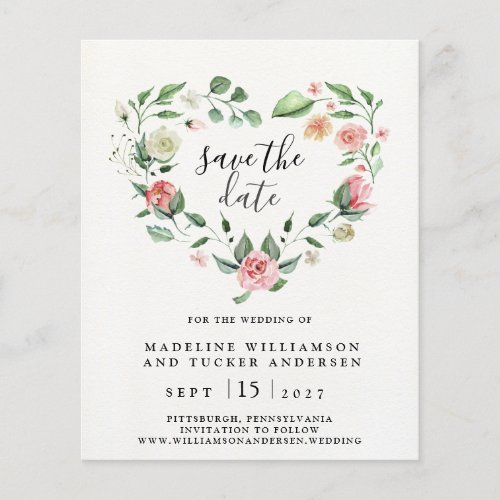 Budget Watercolor Floral Rose Heart Save the Date 