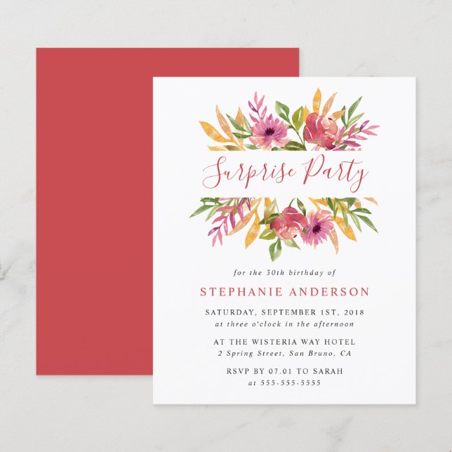 Budget Watercolor Floral Surprise Birthday Party (Front/Back)