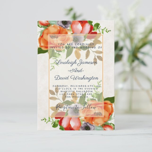 Budget Watercolor floral wedding invitation (Standing Front)