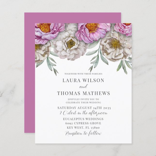 Budget Watercolor Florals Pink & White Wedding (Front/Back)