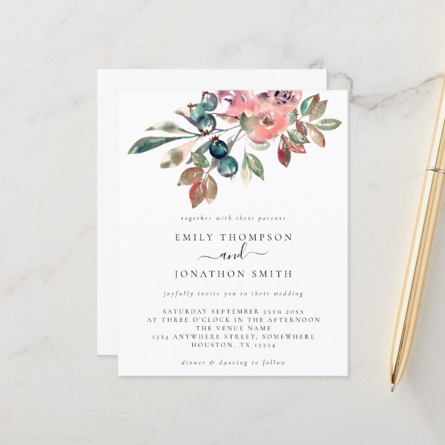 Budget Watercolor Florals Wedding Invitation (Front/Back In Situ)