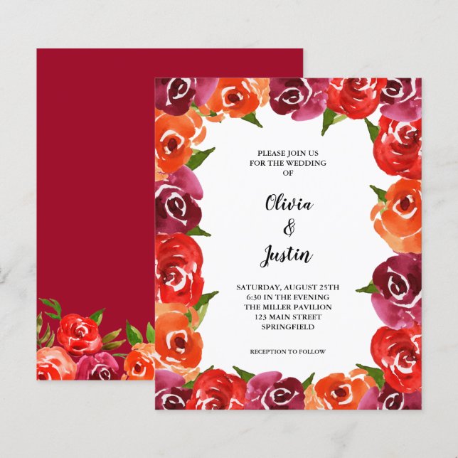 Budget Watercolor Flowers Wedding Invitations (Front/Back)