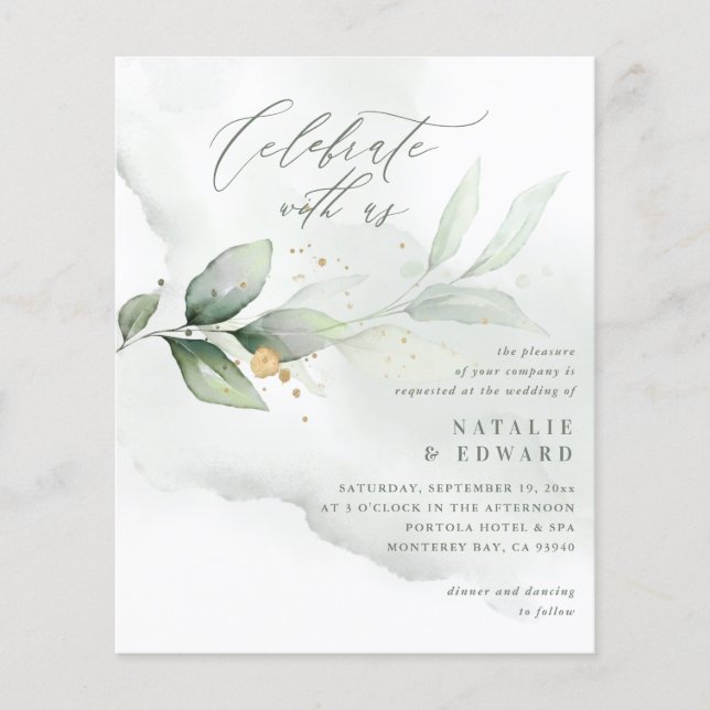 budget Watercolor foliage metallic gold wedding Flyer (Front)