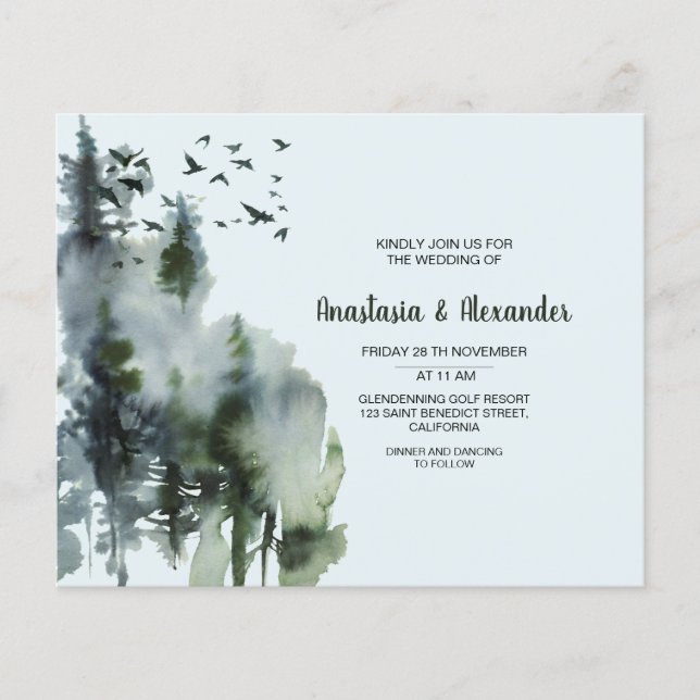Budget/Watercolor Forest Wedding Invitation. Flyer (Front)
