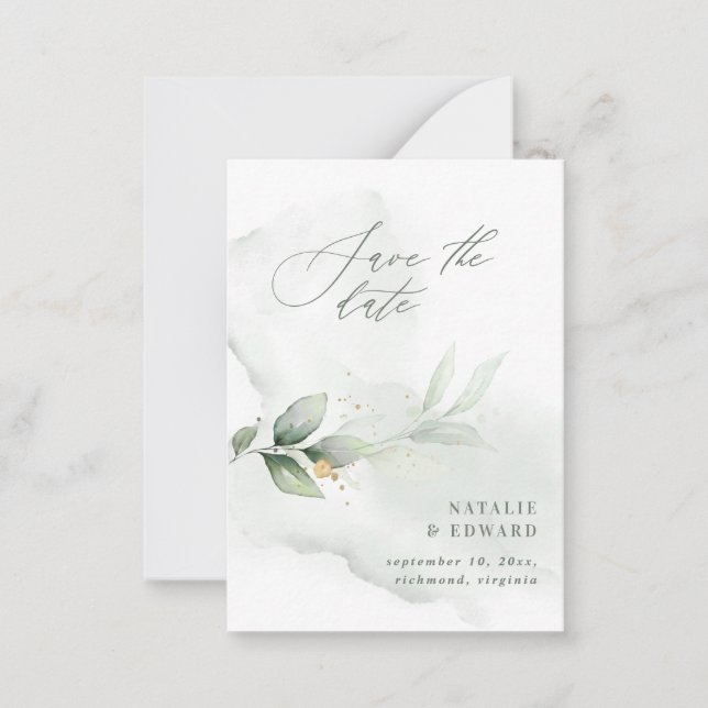 budget watercolor green eucalyptus save the date note card (Front)