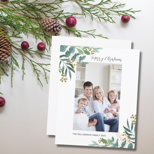 Budget Watercolor Greenery Christmas Photo Card