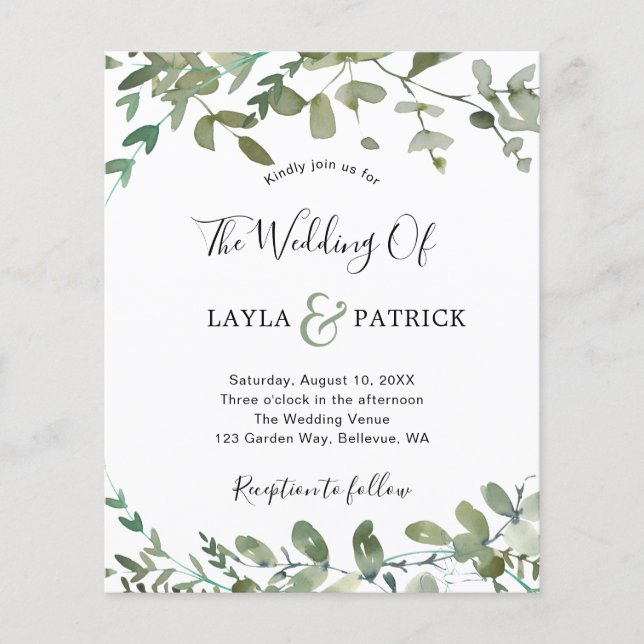 Budget Watercolor Greenery Wedding Invitation Flyer (Front)