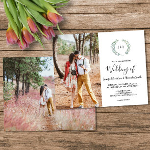 Budget watercolor leaves monogram photo Wedding Flyer