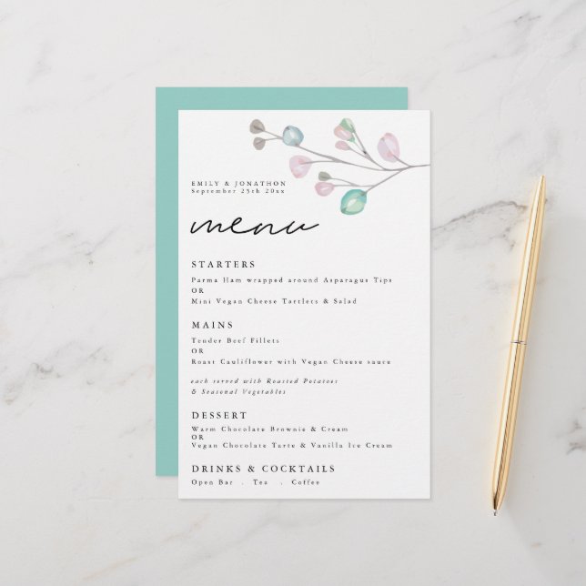 Budget Watercolor Leaves Script Wedding Menu (Front/Back In Situ)