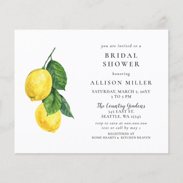 Budget Watercolor Lemon Bridal Shower Invitation (Front)