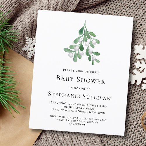 Budget Watercolor Mistletoe Baby Shower Invitation
